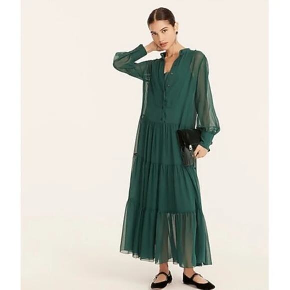 J.Crew Collection Tiered Silk Chiffon Tuxedo Dress Dark Spruce Size 8 - Picture 1 of 6
